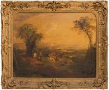 English School 19th Century- An extensive upland landscape; horse,