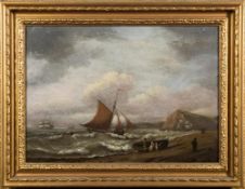 Thomas Luny [1759-1837]- Teignmouth Coast, boats offshore, figures on the beach in the foreground,