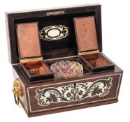 A Regency rosewood and ivory tea caddy: of sarcophagus outline,