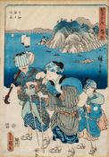 After Hiroshigi & Toyokuni III A Japanese woodblock print depicting peasant musicians on a hillside