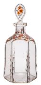 A Marcel Goupy glass decanter or cologne bottle: of tapering hexagonal form and enamelled in red