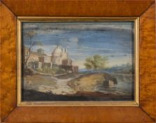 Italian School late 18th Century- Travellers at a city gate,:- gouache on grey paper, 12.