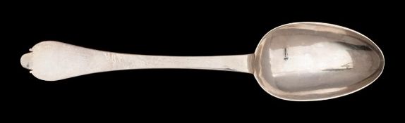 A Queen Anne Britannia silver trefid spoon, maker Thomas Saddler, London, 1711: initialled, 20.
