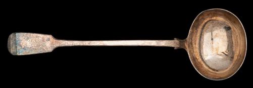 A Victorian silver fiddle pattern soup ladle, maker George Aldwinckle, London, 1848: crested,