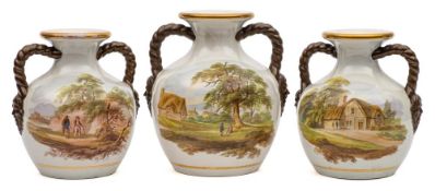 A garniture of three Davenport pearlware 'Portland' vases: each with bronzed rope twist handles and
