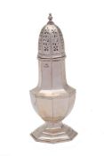 A George V silver sugar caster, maker Viners Ltd, Sheffield, 1933: of octagonal baluster form,