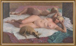 * Ronald Benham [1915-1993]- Nude with Attendant; reclining figure, pet dog and full-length mirror,