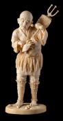 A Japanese carved ivory okimono of a peasant fisherman,