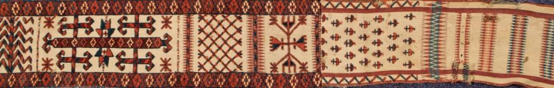 A Yumut tent band:, the cream field with hooked and serrated geometric designs, 647cm x 22cm.