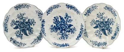 A pair of First Period Worcester blue and white deep plates and a similar cress strainer dish: