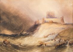 Circle of William Clarkson Stanfield [1793-1867]- Bamburgh Castle Northumberland in a storm,