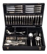 An Indian silver flatware service, stamped silver: includes sixteen forks, eight dessert spoons,