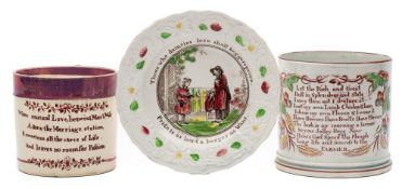 A group of three 19th century creamware and pearlware mugs and a nursery plate: including a