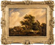 Richard H Hilder [1815-1852]- A Mill Stream; figures in foreground, cottage beyond,