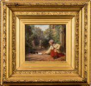 Thomas Faed [1826-1900]- At the Cottage Door; girl feeding a kitten,