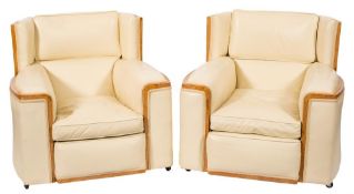 Attributed to Heals - an Art Deco burr maple veneered and upholstered three piece lounge suite: