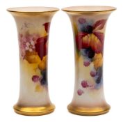 A pair of Royal Worcester porcelain trumpet shaped vases painted by Kitty Blake: with blackberries,