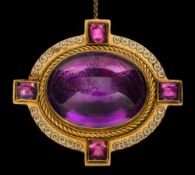 A late 19th century enamelled gold and cabochon amethyst oval brooch: the oval amethyst