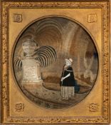 A 19th Century silkwork picture: depicting a young woman standing before a monument to Werter,
