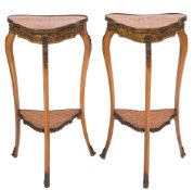 A pair of French parquetry and gilt brass mounted two tier etageres:, of cartouche shaped outline,