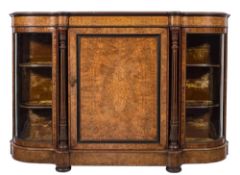 A Victorian walnut, inlaid and ebonised credenza:, of D-shaped broken outline,