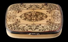 An 18th century ivory and piquet work silver mounted snuff box: of rectangular outline with gold