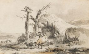 Jean Pierre Louis Houel [1735-1813]- Herdsman with cow and sheep by a ruined barn,