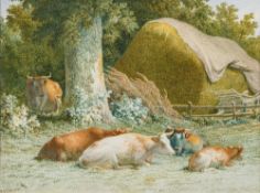 Robert Hills [1769-1844]- Cattle resting beneath an oak tree, a haystack beyond,
