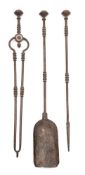 A set of three 19th century steel fire irons: with knopped handles on plain knopped stems,