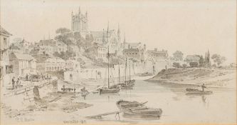 Paul Sandby Munn [1773-1845]- Worcester Cathedral and the River Severn,:- signed,