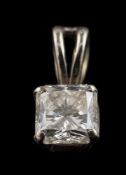 A princess-cut diamond single-stone pendant: approximately 5.6mm x 4mm deep, estimated to weigh 1.