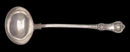 A Victorian Queens pattern silver soup ladle: maker Chawner & Co, London,