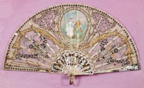 A 19th Century French fan: the gauze leaf with central cartouche painted with a gallant and lady,