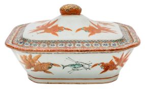 A Canton famille rose shaped rectangular tureen and cover: painted with swimming shubunkin and