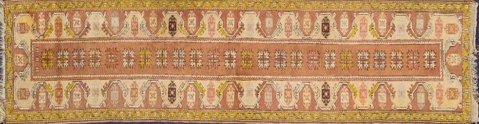A Turkish runner:, the light brown rectangular panel with a row of serrated stellar medallions,
