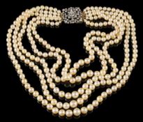 A cultured pearl five-strand necklace on diamond set clasp: the cultured pearls graduated from 3mm