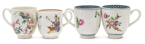A group of four First Period Worcester coffee cups: one painted in Mandarin style with a variation
