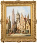 Henry Schafer [19th Century]- Cafe de l'Etoile, Antwerp; townscape with busy market scene,