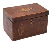 A George III inlaid mahogany two-division inlaid tea caddy: of rectangular outline,
