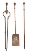 A set of three 19th century steel fire irons: with knopped handles on plain knopped stems,