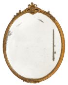 A Victorian giltwood and gesso oval mirror:, with palmette, acanthus scroll and flowerhead cresting,