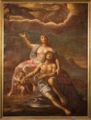 Italian School, 17th Century- A fallen Roman with grieving woman, Cupid and lion,