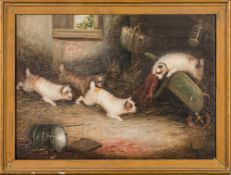 George Armfield [1808-1893]- Four terriers in a barn:- signed bottom right oil on canvas,