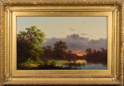 Carl Hasch [1834-1897]- Sunset; wooded river landscape, deer watering,