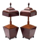 A pair of late Regency inlaid mahogany square cutlery urns: of tapering outline,