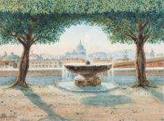 J Martin [19/20th Century]- St Peter's Basilica from The Borghese Gardens,:- signed, watercolour,