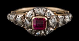 A Georgian ruby and rose diamond cluster ring: the central rectangular ruby approximately 5mm long