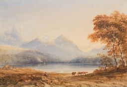 Anthony Van Dyke Copley Fielding [1787-1855]- A Scottish loch with cattle watering,