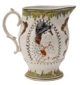 A Prattware pottery 'Miser' jug: of oval form with double scroll handle,