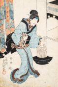 After Eisen A Japanese woodblock print of a courtesan Segawa in traditional costume: mounted and